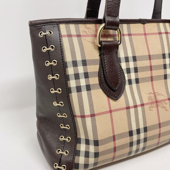 Burberry Brown Beige Haymarket Check Canvas Regent Grommet Tote Bag Double Strap - Picture 4 of 16